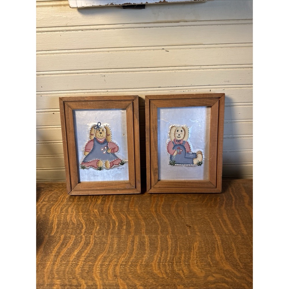 Vintage Handmade Bunny, Folk Art Punched Tin Wall Decor Framed Set Up To 1993
